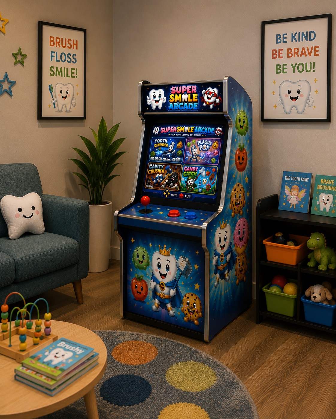 Super Smile Arcade full-size cabinet in a pediatric dental waiting room