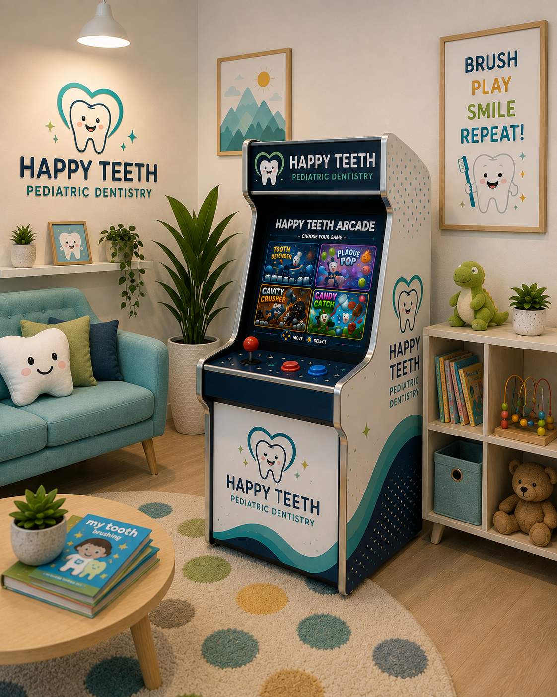 Happy Teeth Pediatric Dentistry branded full-size arcade cabinet