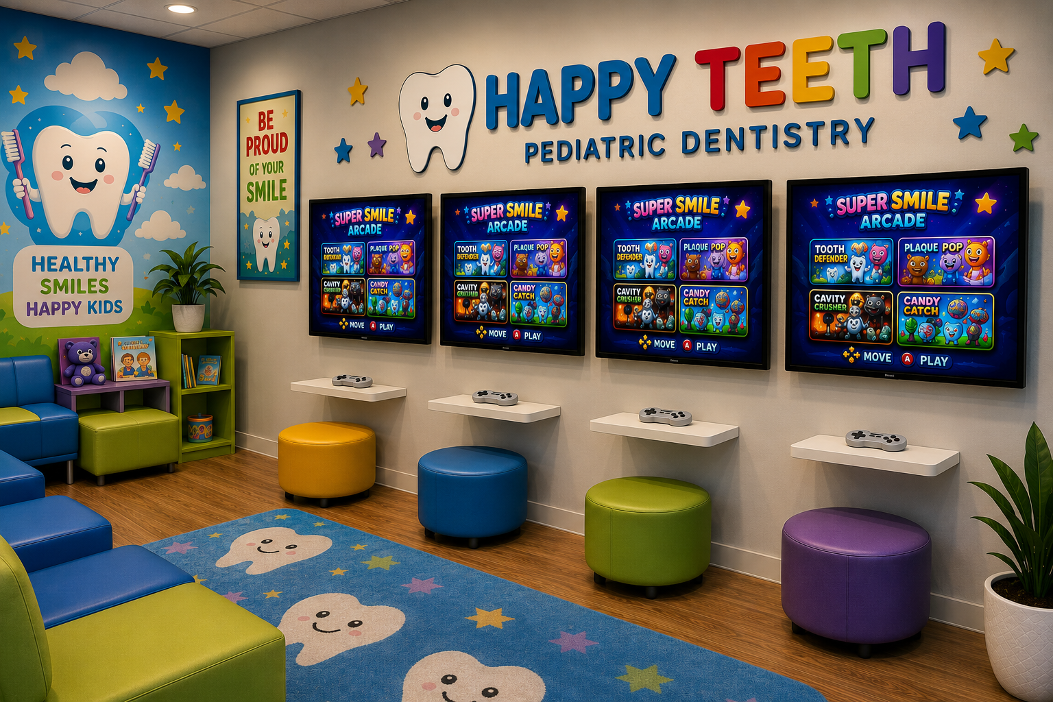 Multiple Super Smile Arcade HDMI display gaming stations