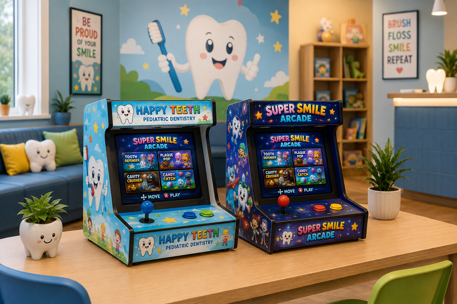 Two compact Super Smile Arcade tabletop units
